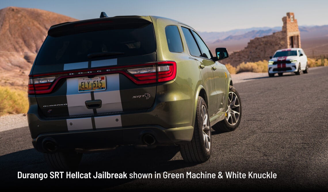 2026 Dodge Durango SRT Hellcat Jailbreak in Green Machine and White Knuckle, rear and front three-quarter view on desert road.