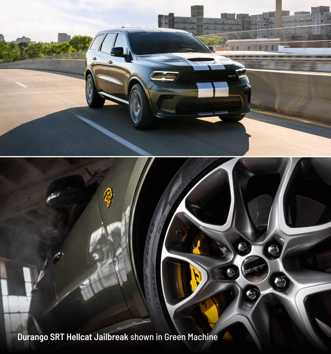 2026 Dodge Durango SRT Hellcat Jailbreak in Green Machine driving on highway. Bottom: SRT wheel and brake close-up.