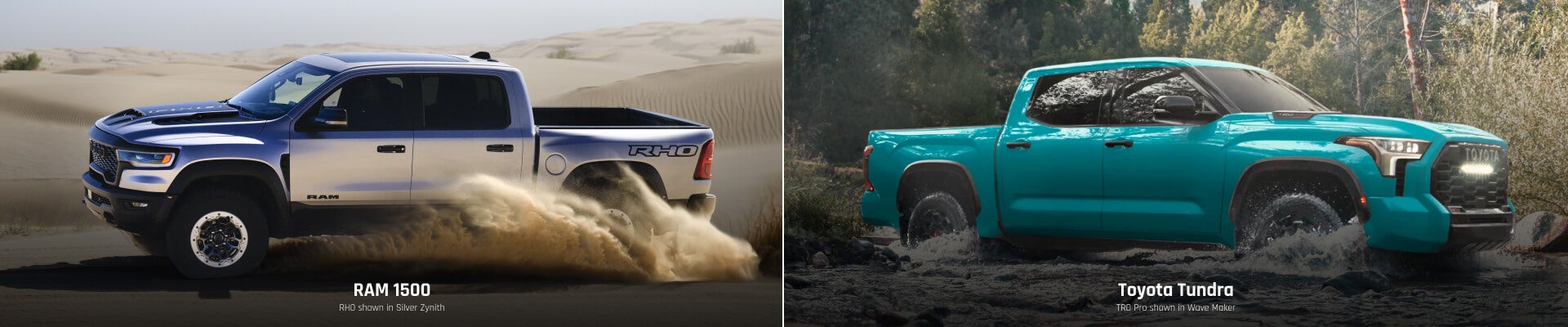 Comparative between a RAM 1500 in Silver and a Toyota Tundra in Blue in rough paths.