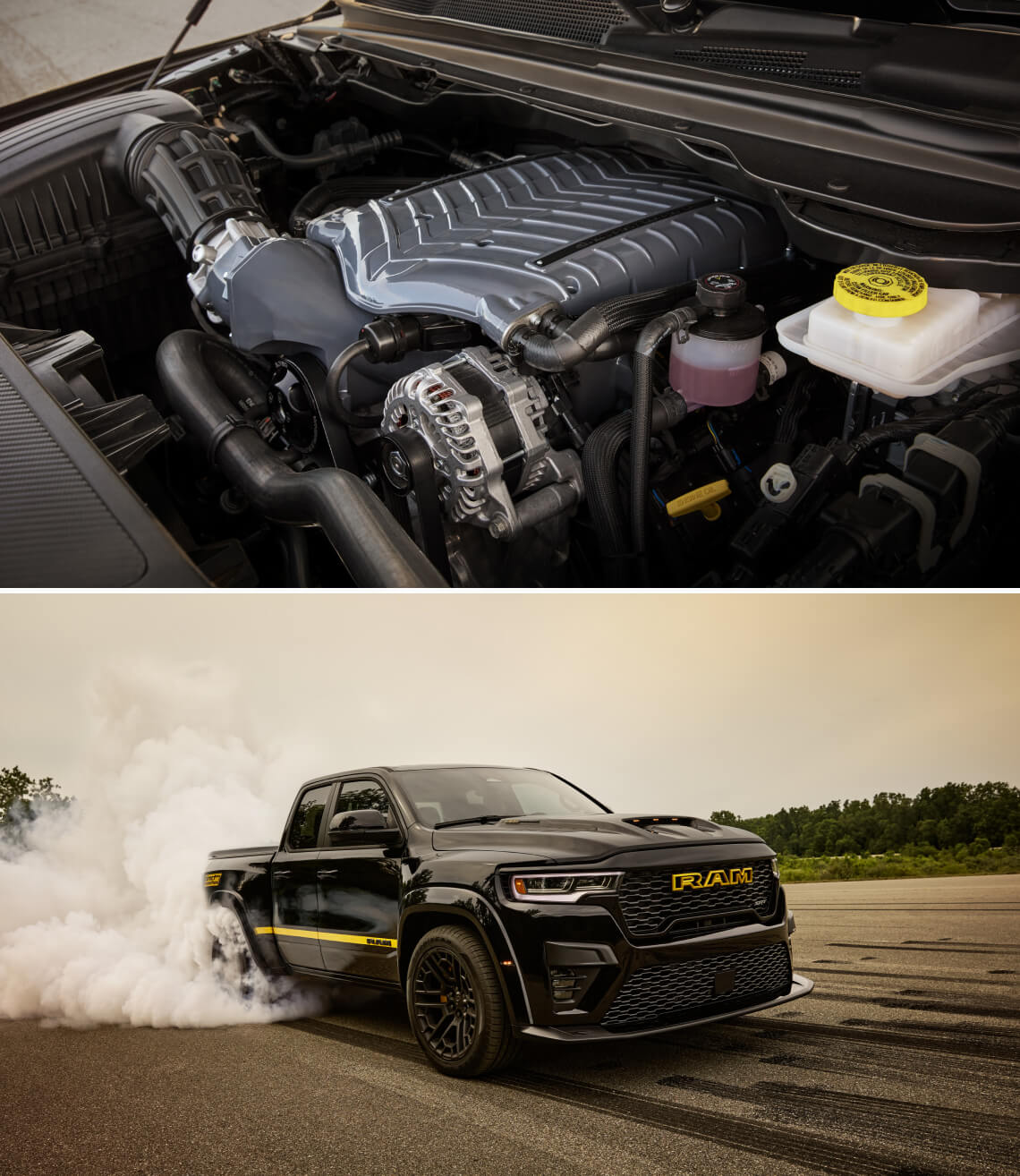 Two-panel view of a Ram 1500 engine and a black exterior RAM 1500 performing a burnout on a track.