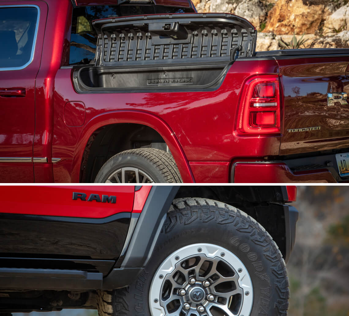 Close-up views of a red Ram pickup truck highlighting it's storage compartment and rugged off-road tires