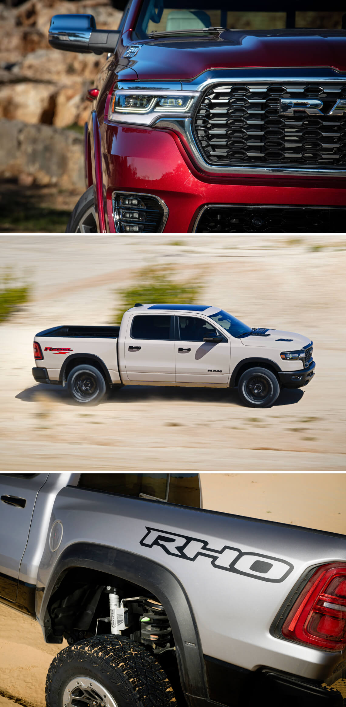 Collage of Ram trucks: red front grille close-up, white pickup driving on sand, and gray truck showing suspension and RHO decal