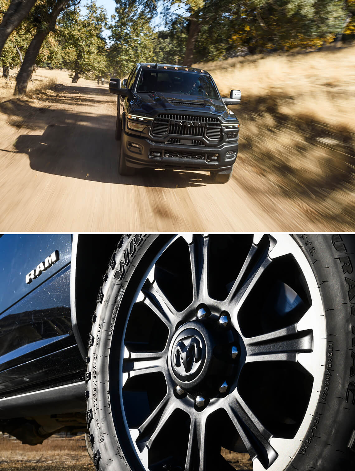 Blacl Ram truck driving on a dirt road, and close-up of a Ram wheel