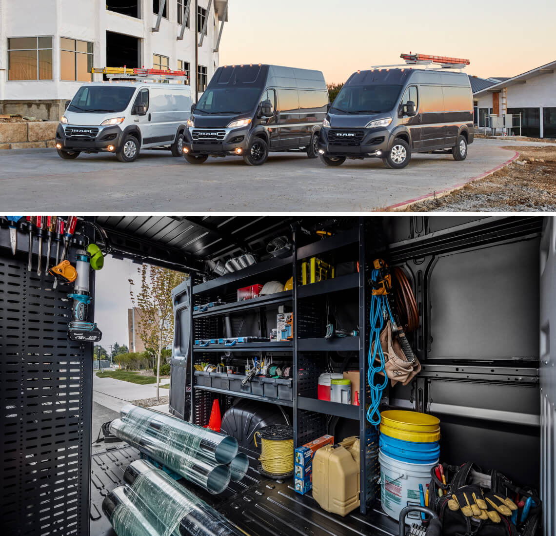 Ram work vans and organized contractor van storage system with tools and equipment